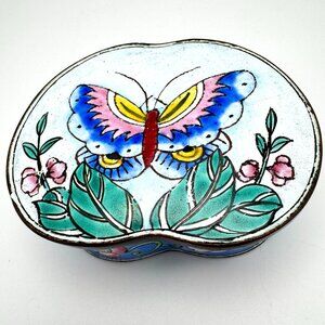 Vintage Chinese Canton Enameled Trinket Box Butterfly Floral Motif Handcrafted